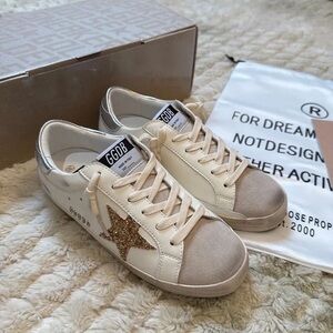Golden Goose Women's Beige and Gold Glitter Star Sneakers